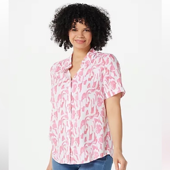 NWT Denim & Co Printed Short-Sleeve Camp Shirt in Bright Navy, Size M - Picture 2 of 8